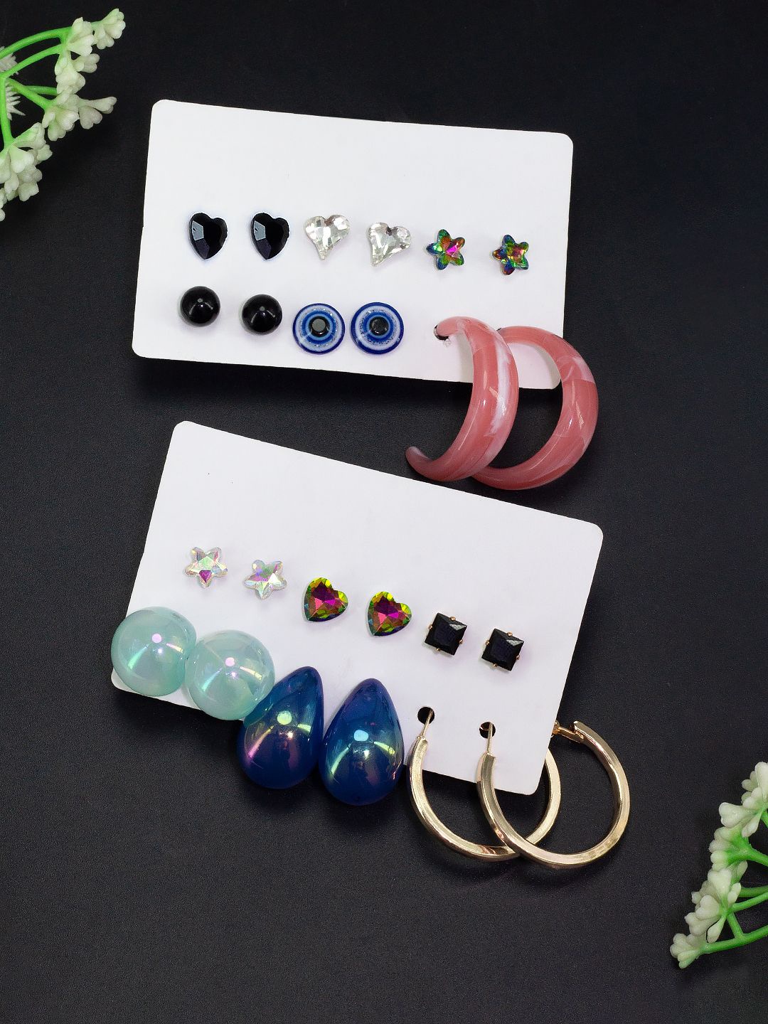 

PRIVIU Set Of 12 Stone Studded & Beaded Quirky Studs Earrings, White