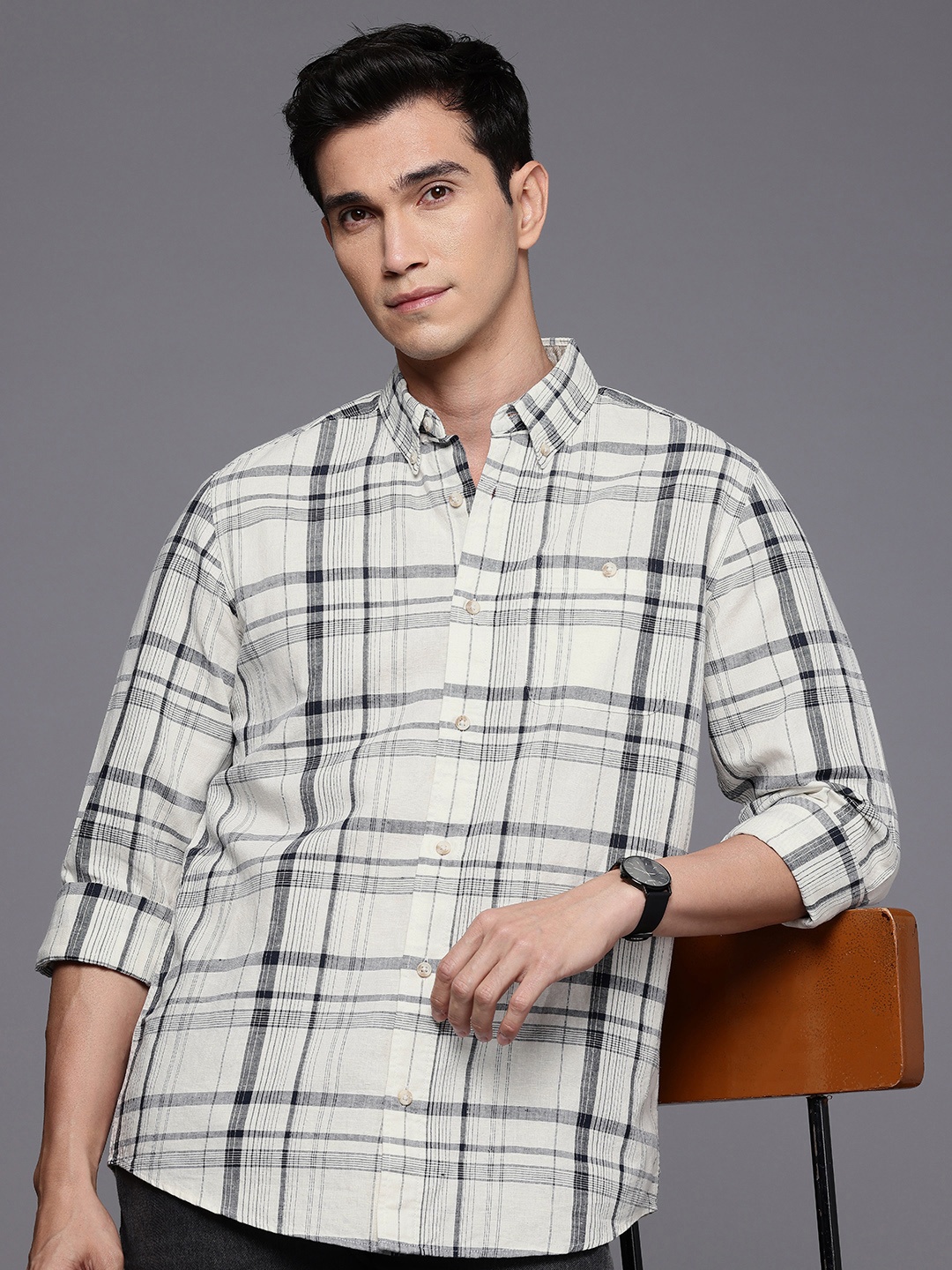 

NEXT Cotton Linen Opaque Checked Casual Shirt, White