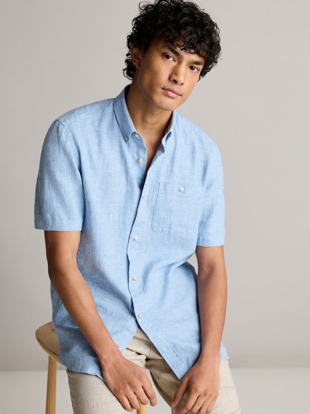 

NEXT Self Checked Button-Down Collar Linen Cotton Casual Shirt, Blue