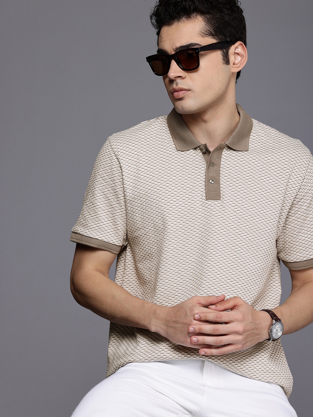 

NEXT Geometric Self Design Polo Collar Pure Cotton T-shirt, Beige