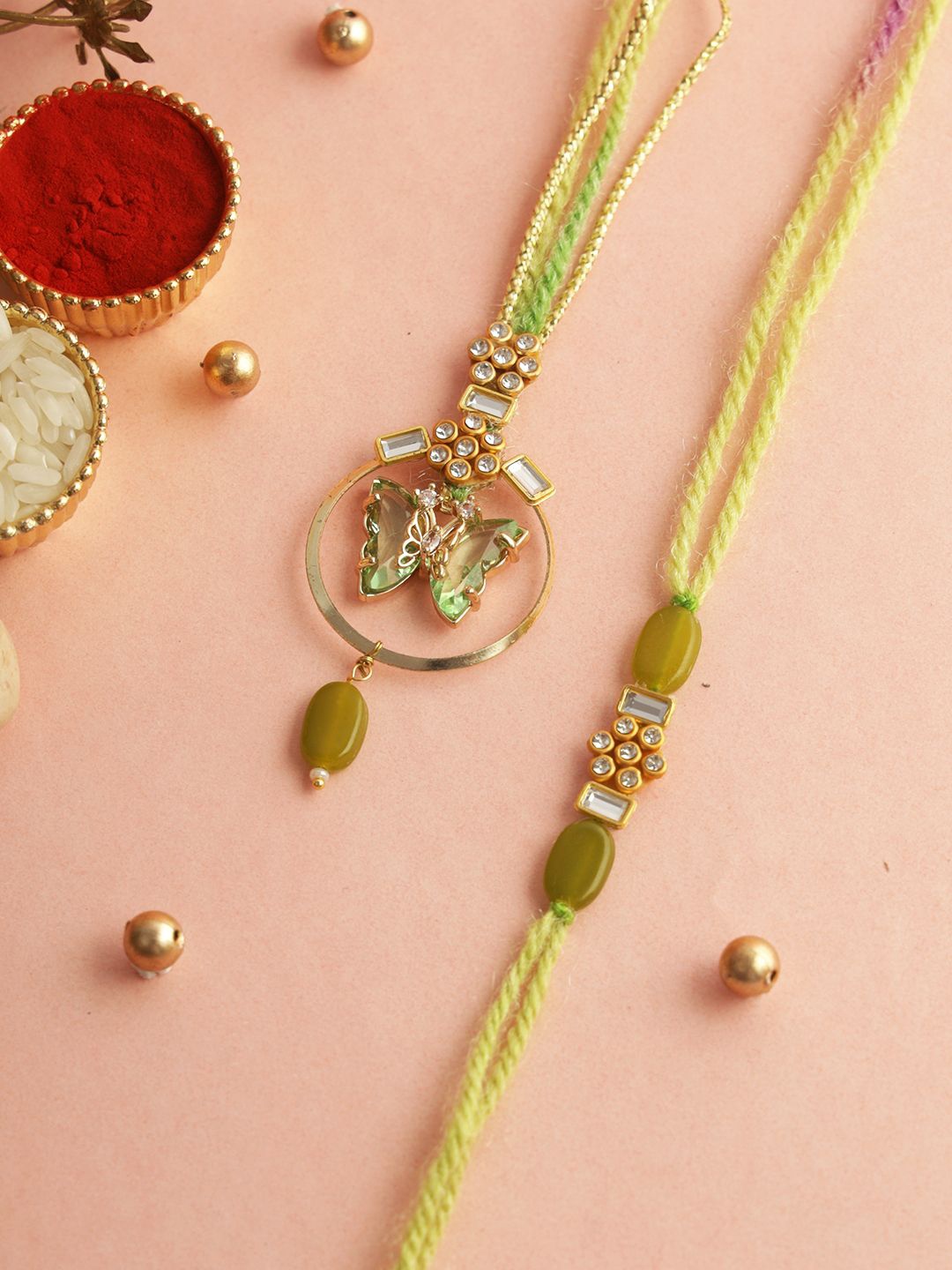 

Sangria Green Butterfly Bhaiya Bhabhi Rakhi With Roli Chawal & Greetings Card