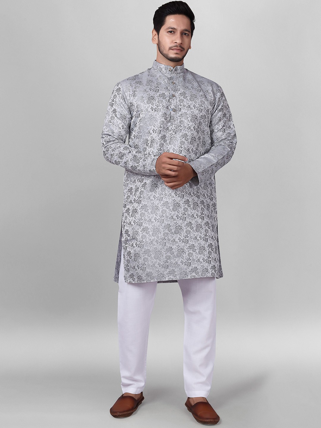 

amzira Men Floral Regular Kurta with Pyjamas, Grey