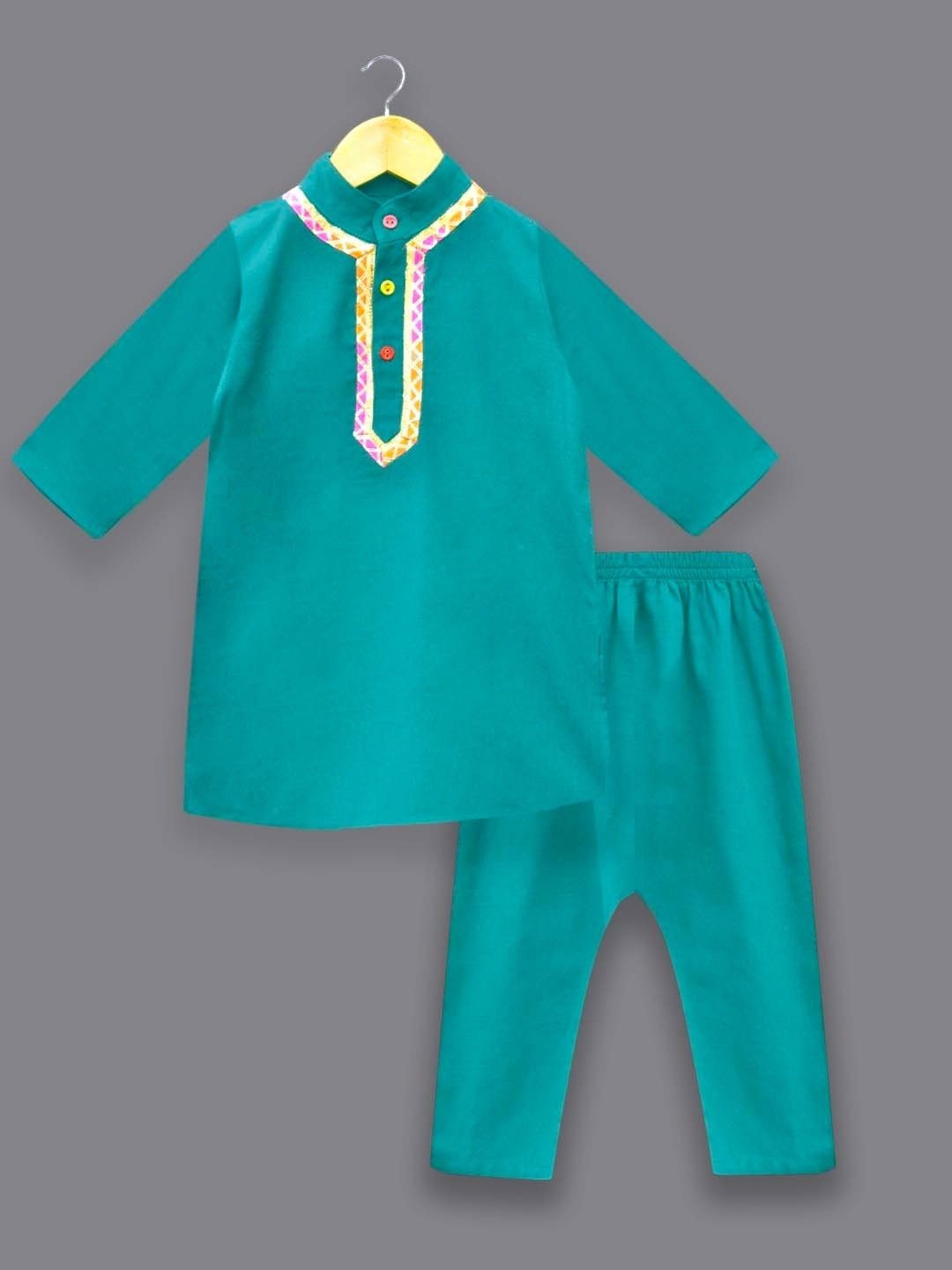 

A.T.U.N. Boys Regular Thread Work Linen Kurta with Pyjamas, Teal