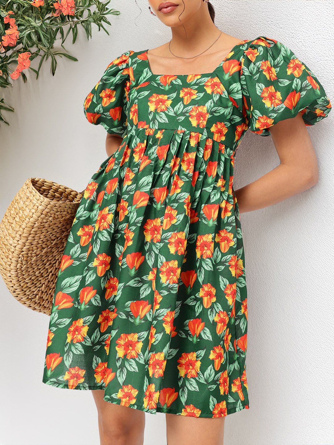 

DressBerry Serene Serenity Floral Print Mini Empire Dress, Green