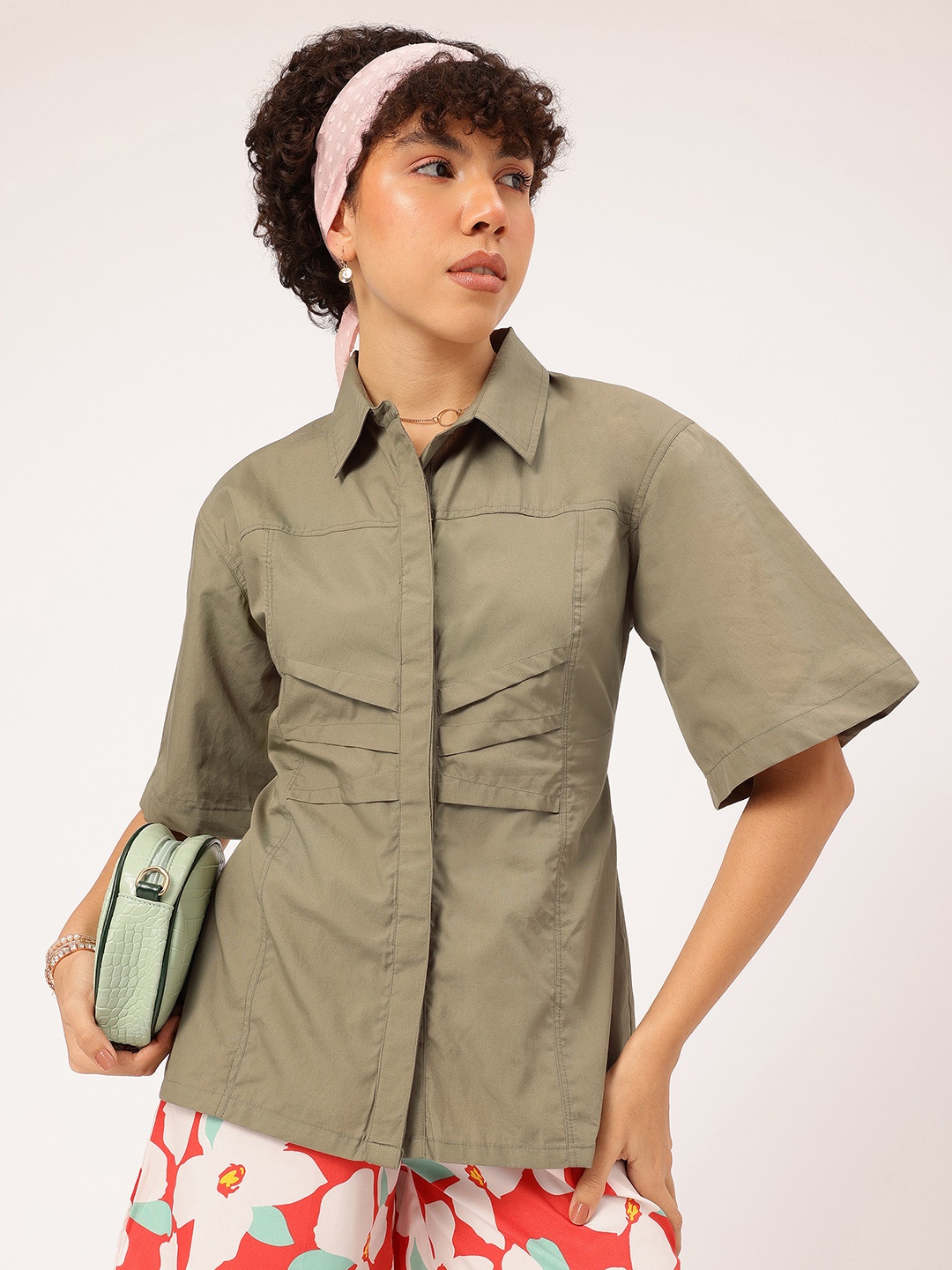 

DressBerry Fancy Fusion Pleated Semi-Elasticated Back Longline Shirt, Olive