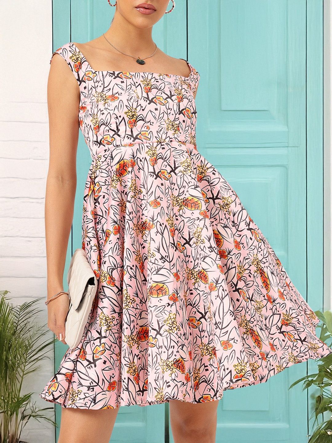 

DressBerry Garden Glam Floral Print Satin-Finish A-line Dress, Pink