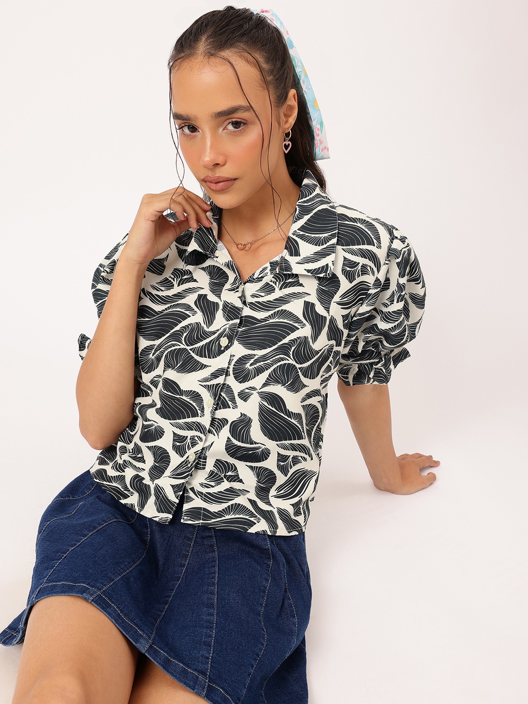 

DressBerry Cute & Cuddly Puff Sleeves Printed Shirt, Off white