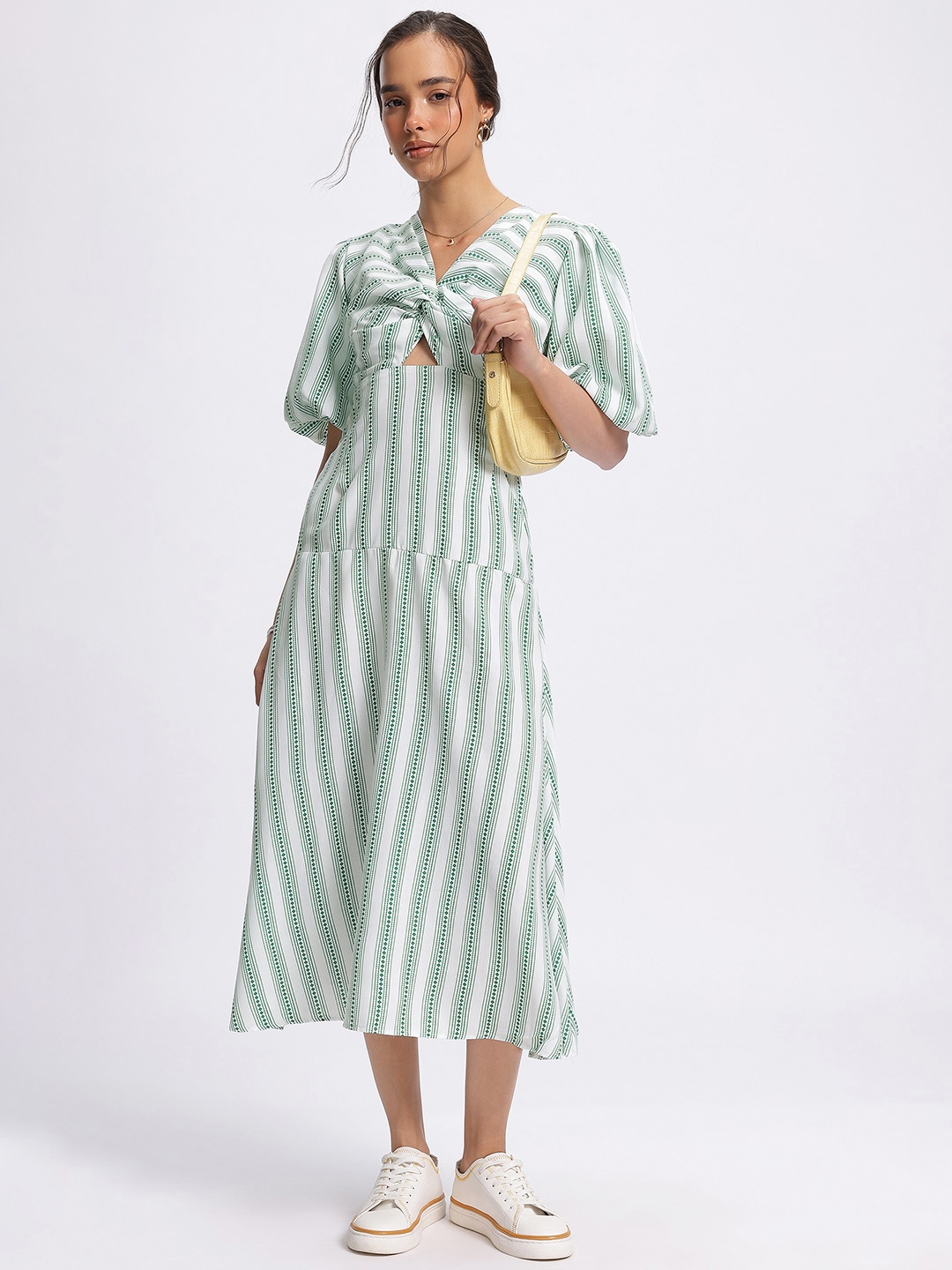 

DressBerry Twisted Touch Striped Midi A-line Dress, Green
