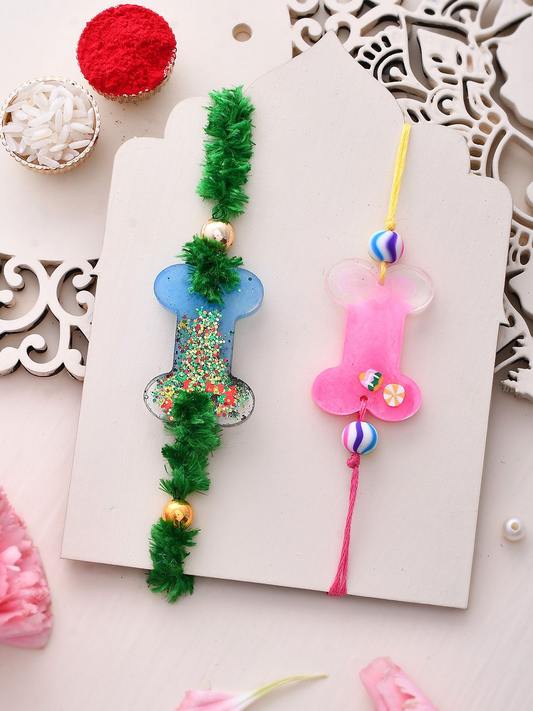 

Kook N Keech Set Of 2 Dog Rakhis With Roli Chawal & Greetings Card, Green