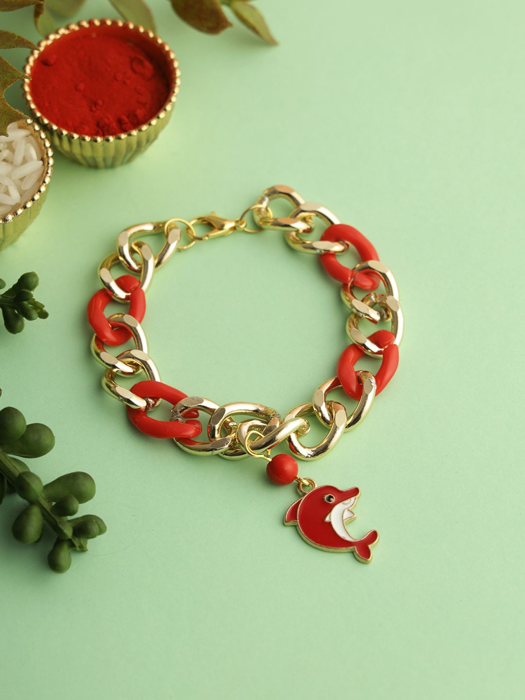 

Kook N Keech Red Whale Charm Bracelet Rakhi With Roli Chawal & Greetings Card