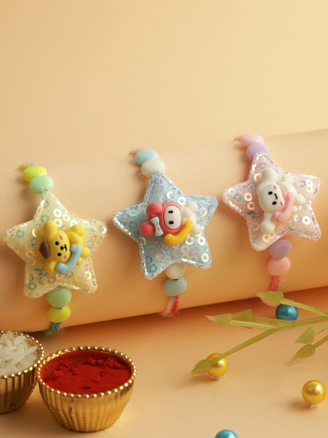 

Kook N Keech Green Set Of 3 Shining & Sparkling Thread Rakhis With Roli Chawal