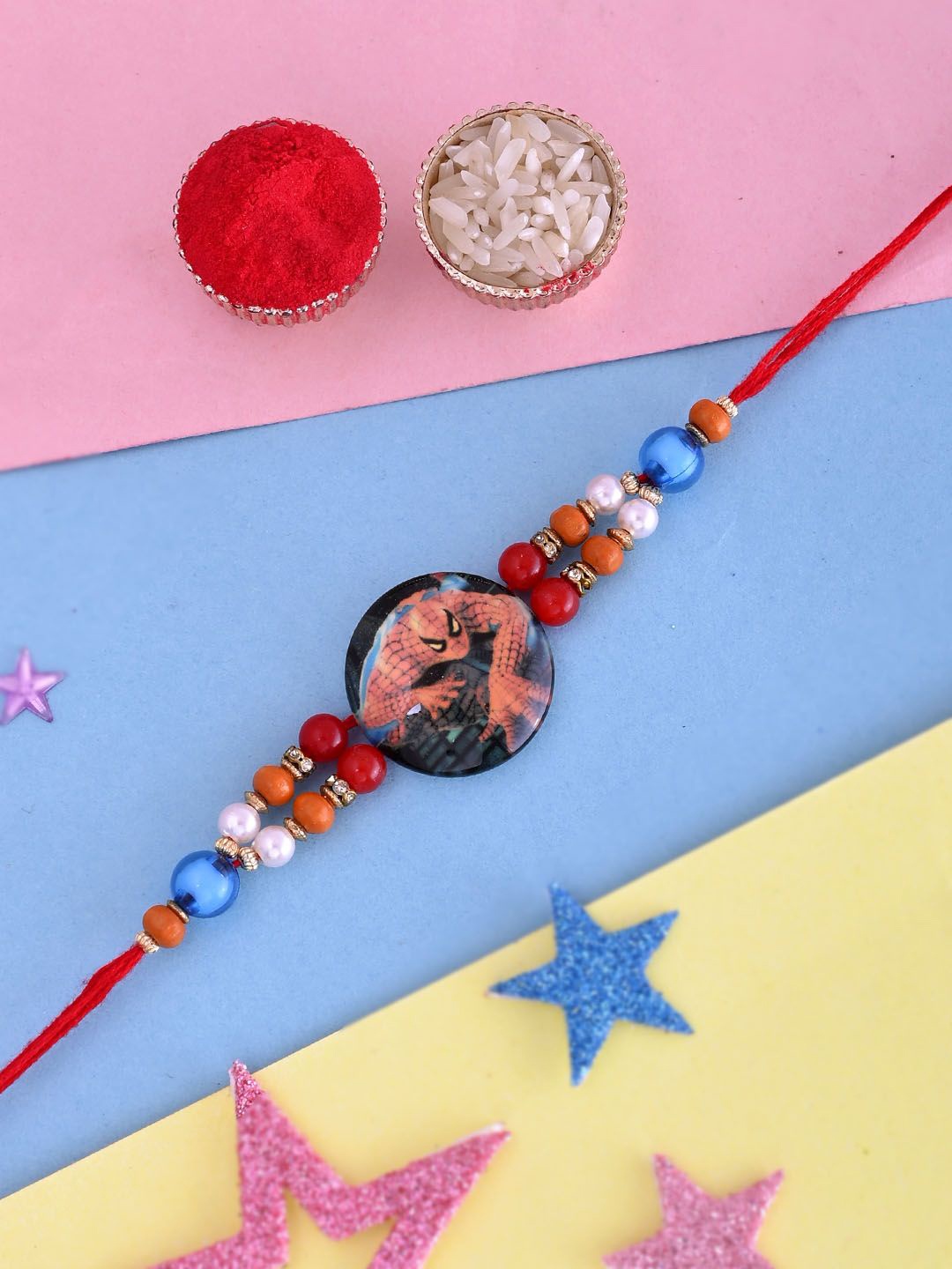 

Kook N Keech Red Beaded Spiderman Thread Rakhi with Roli Chawal & Greeting Card