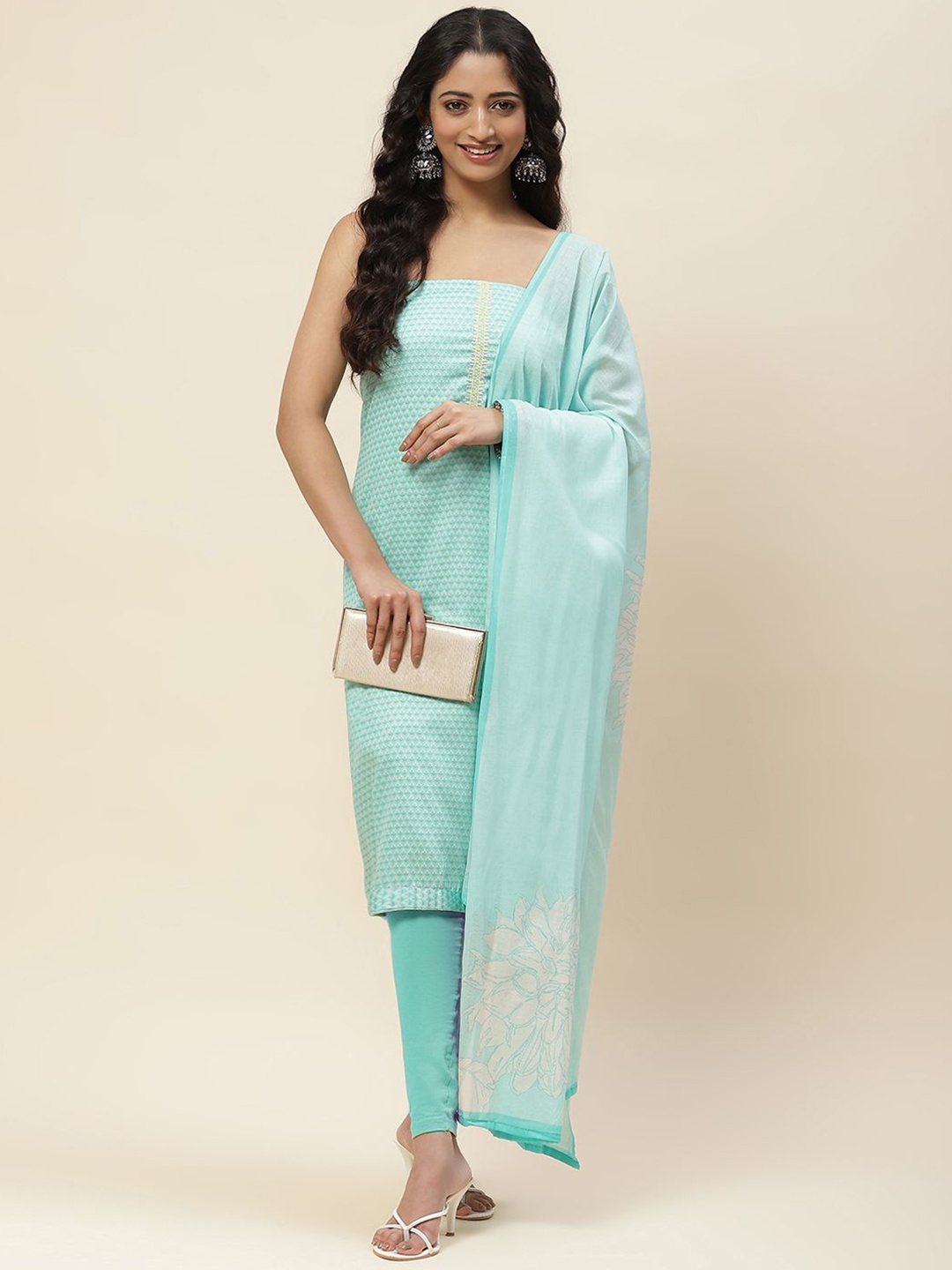

Meena Bazaar Floral Printed Sequinned Unstitched Dress Material, Sea green