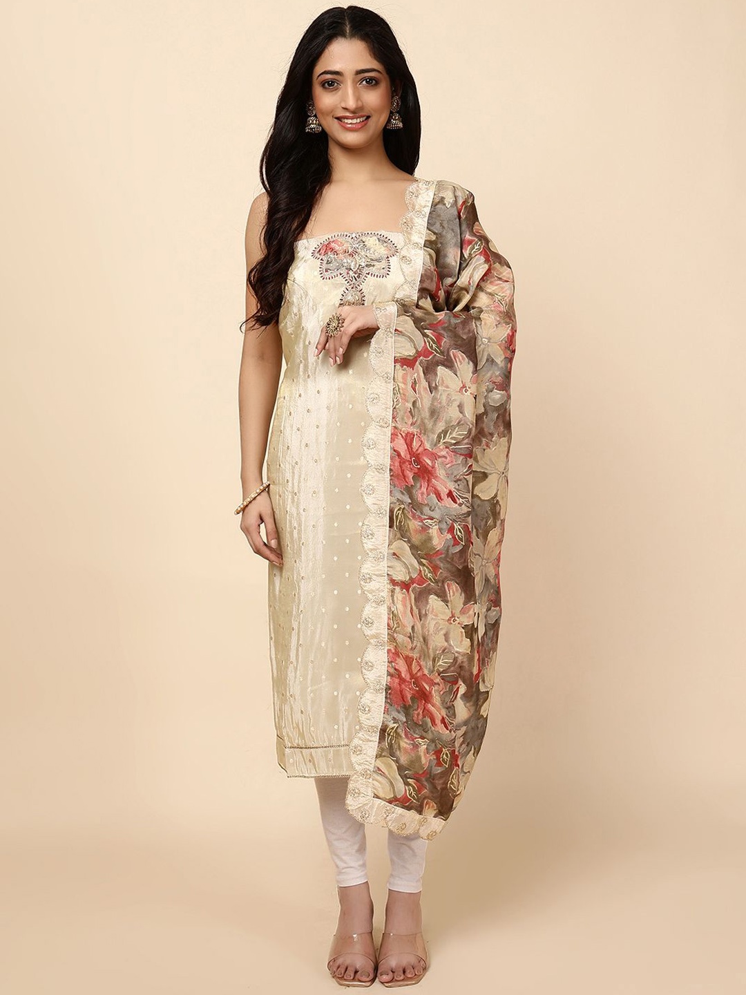

Meena Bazaar Floral Woven Design Zari Unstitched Dress Material, Cream