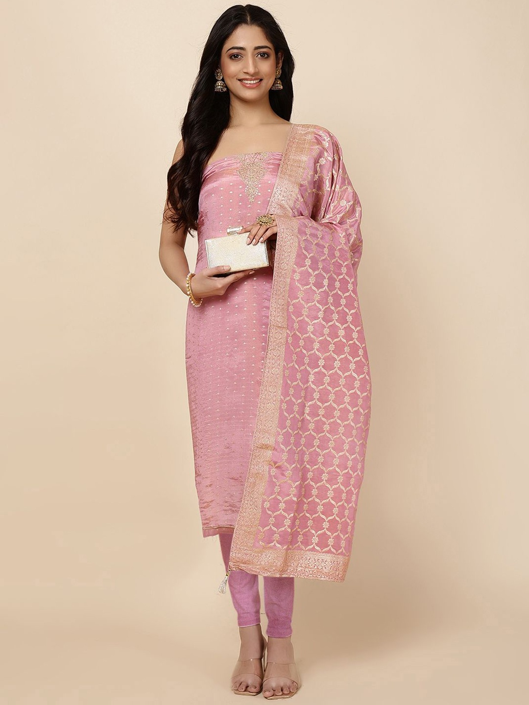 

Meena Bazaar Floral Woven Design Zari Art Silk Unstitched Dress Material, Pink