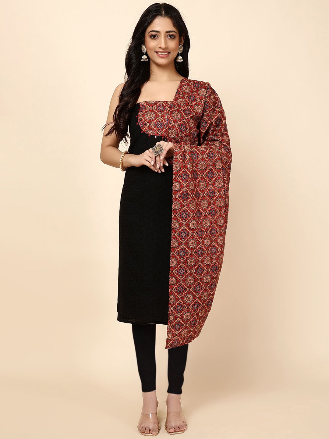 

Meena Bazaar Ethnic Motifs Printed Mirror Work Unstitched Dress Material, Black