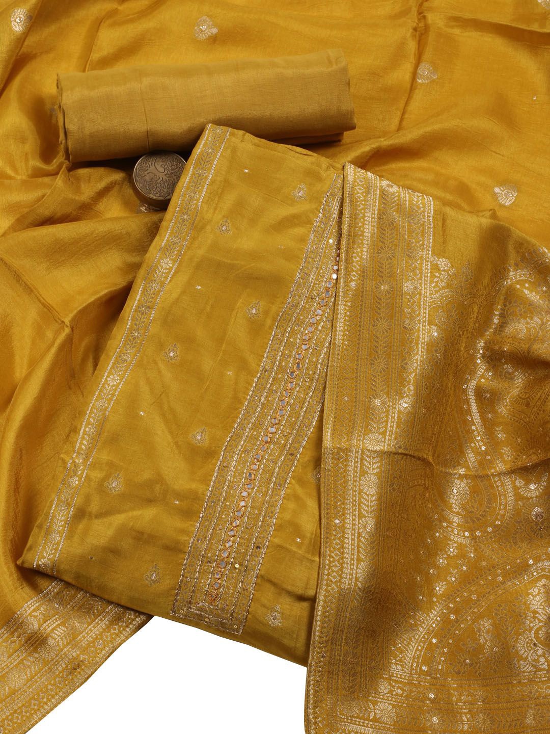 

Meena Bazaar Ethnic Motifs Woven Design Zari Unstitched Dress Material, Mustard