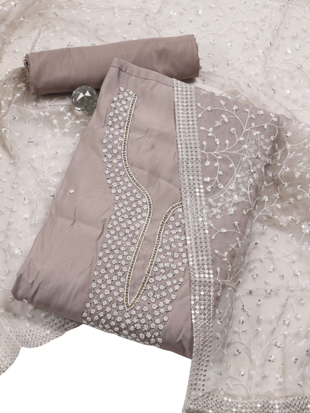 

Meena Bazaar Embroidered Beads and Stones Unstitched Dress Material, Grey