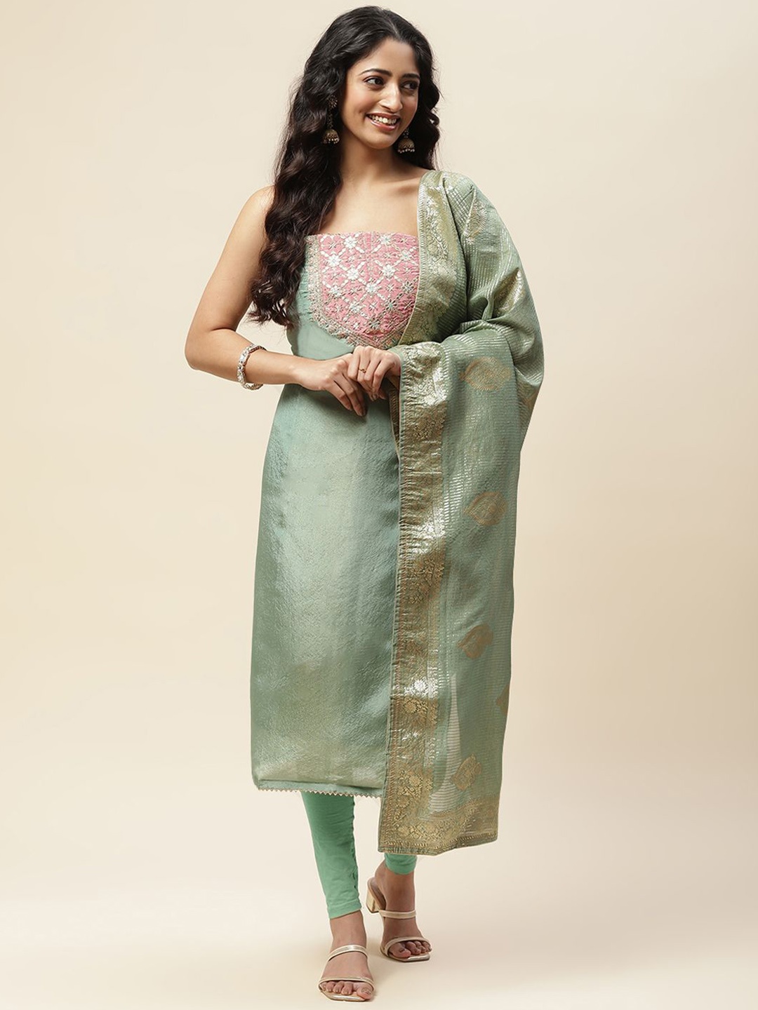 

Meena Bazaar Embroidered Zari Unstitched Dress Material, Green