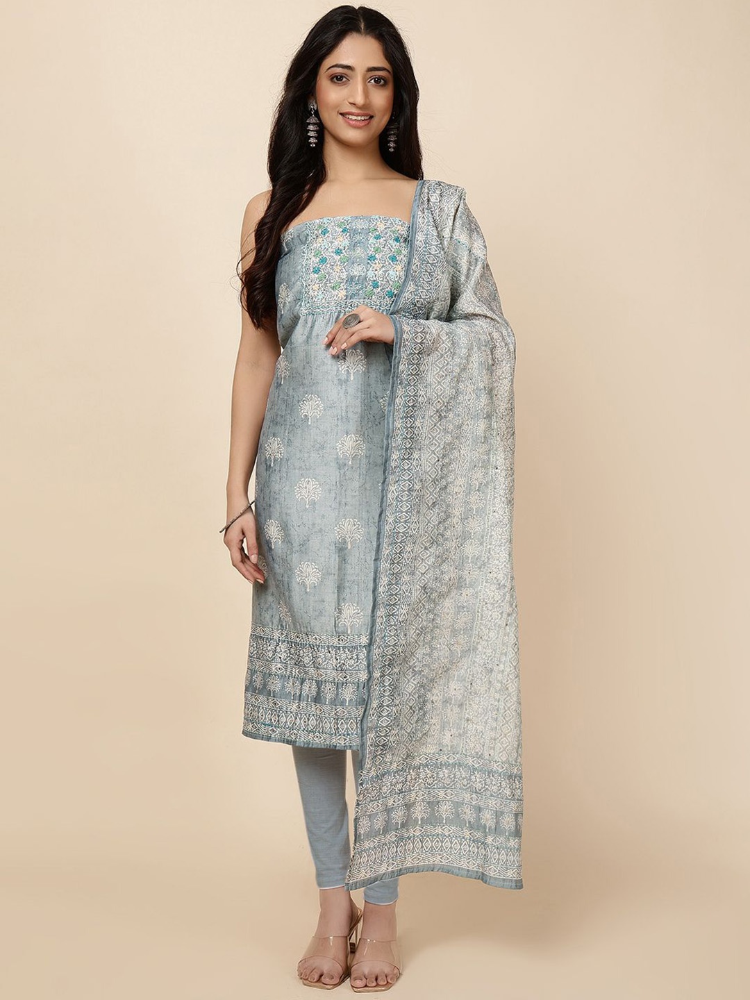 

Meena Bazaar Printed Sequinned Unstitched Dress Material, Blue