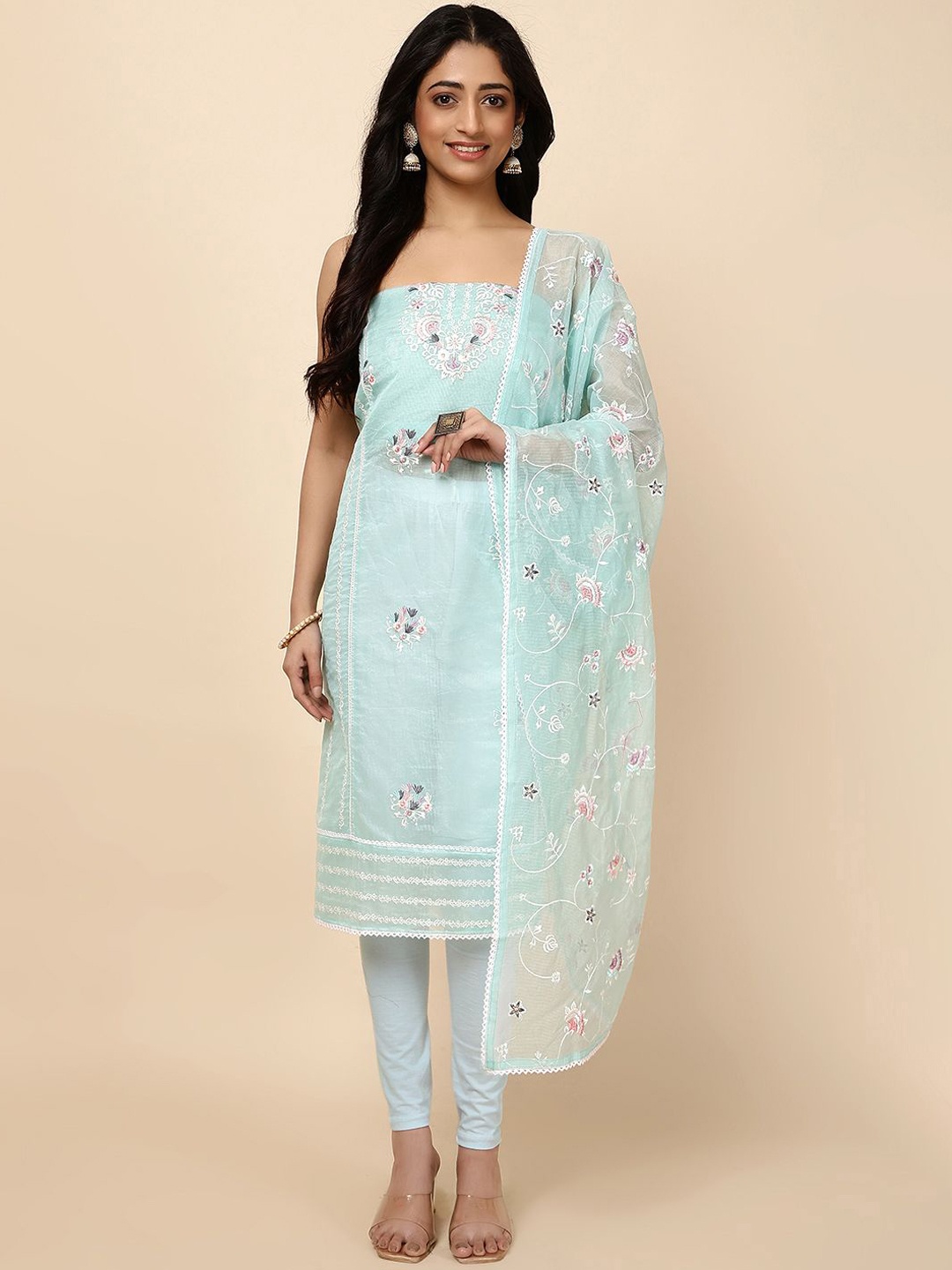 

Meena Bazaar Floral Embroidered Unstitched Dress Material, Blue