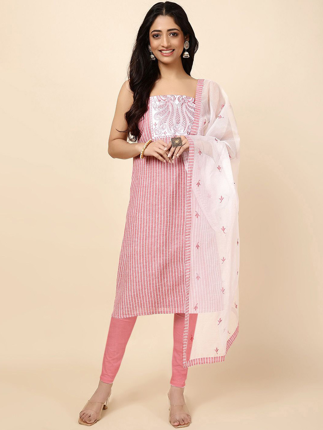 

Meena Bazaar Printed Unstitched Dress Material, Coral