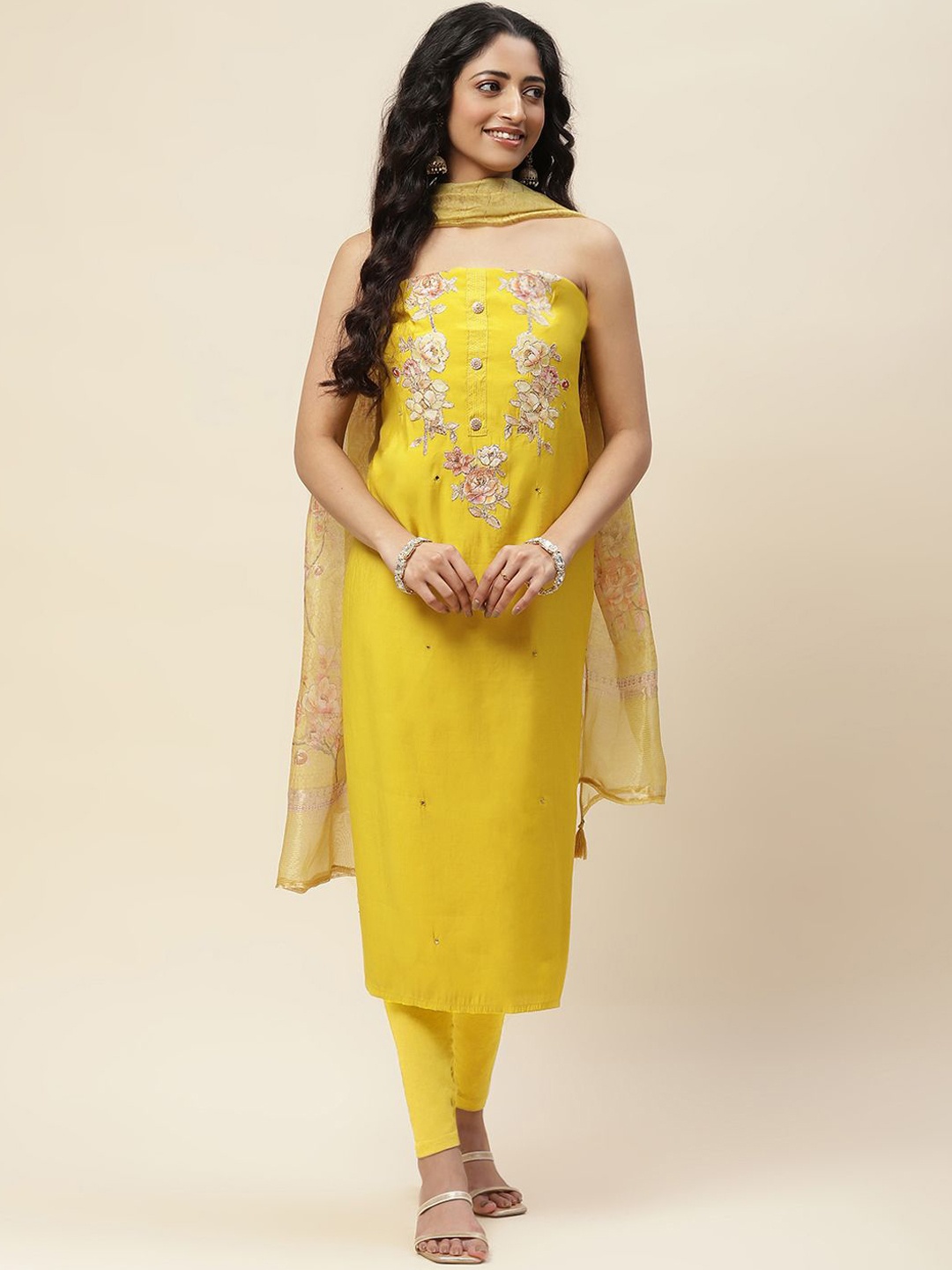 

Meena Bazaar Printed Zari Unstitched Dress Material, Yellow