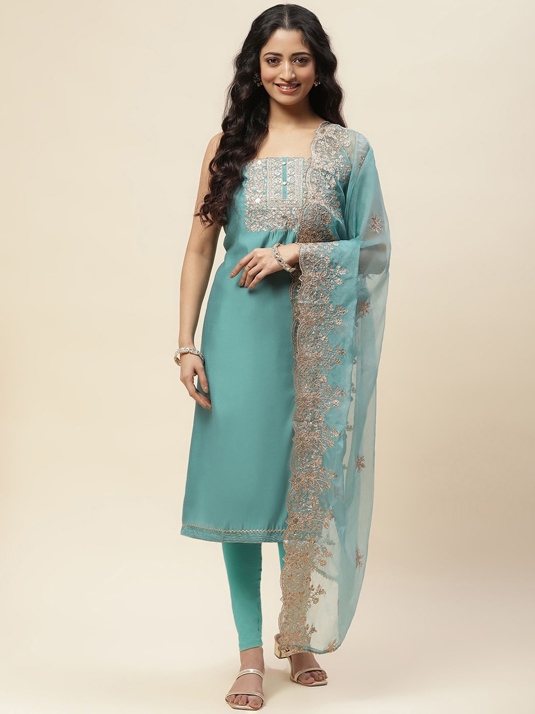 

Meena Bazaar Embroidered Sequinned Unstitched Dress Material, Sea green