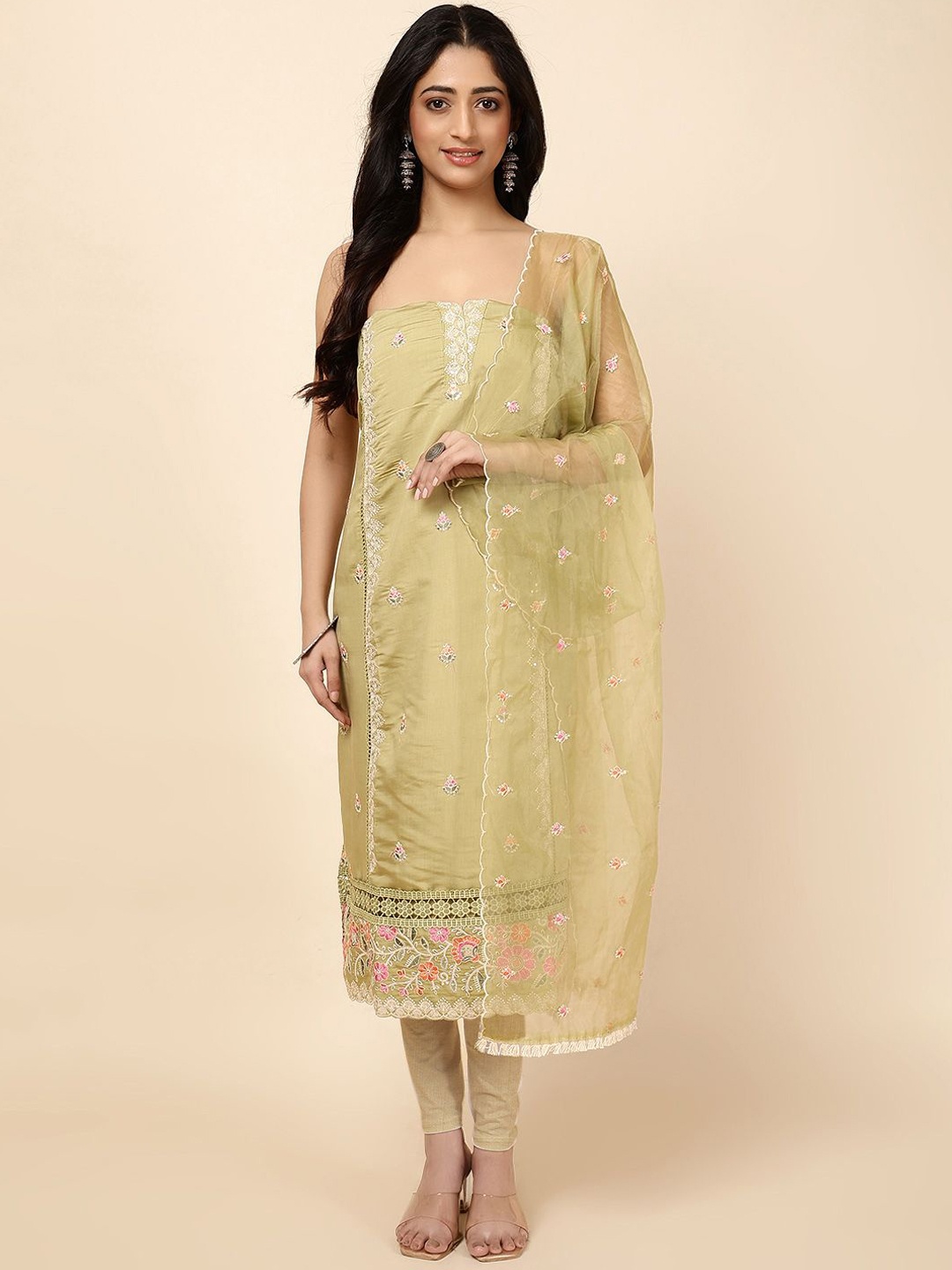 

Meena Bazaar Floral Embroidered Sequinned Unstitched Dress Material, Green