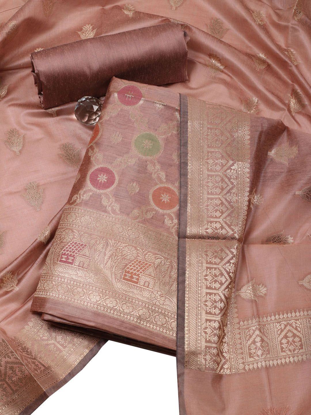 

Meena Bazaar Floral Woven Design Zari Chanderi Unstitched Dress Material, Brown
