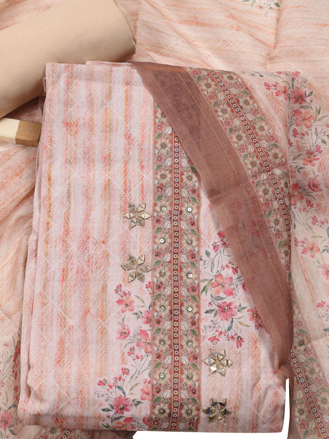 

Meena Bazaar Floral Printed Sequinned Linen Unstitched Dress Material, Beige