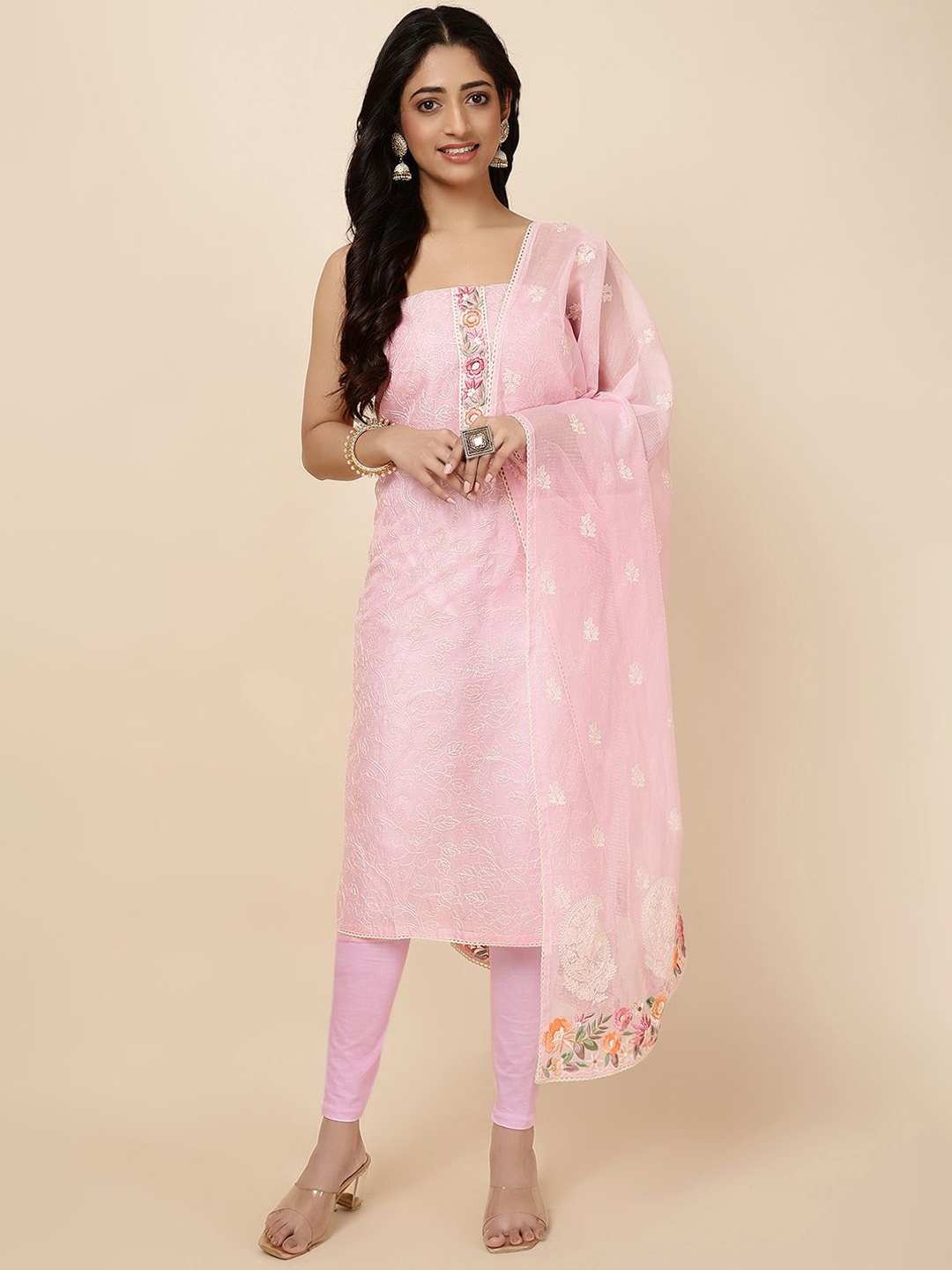

Meena Bazaar Floral Embroidered Unstitched Dress Material, Pink