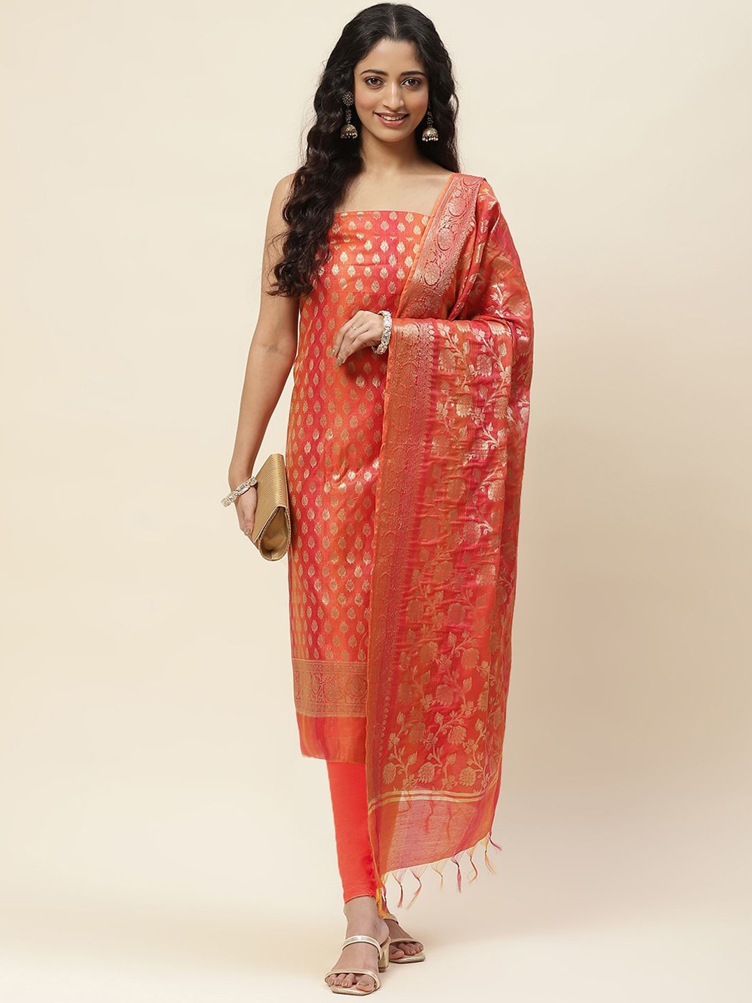

Meena Bazaar Ethnic Motifs Woven Design Zari Chanderi Unstitched Dress Material, Rust