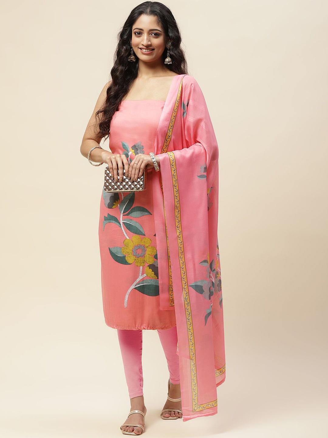 

Meena Bazaar Floral Printed Unstitched Dress Material, Pink