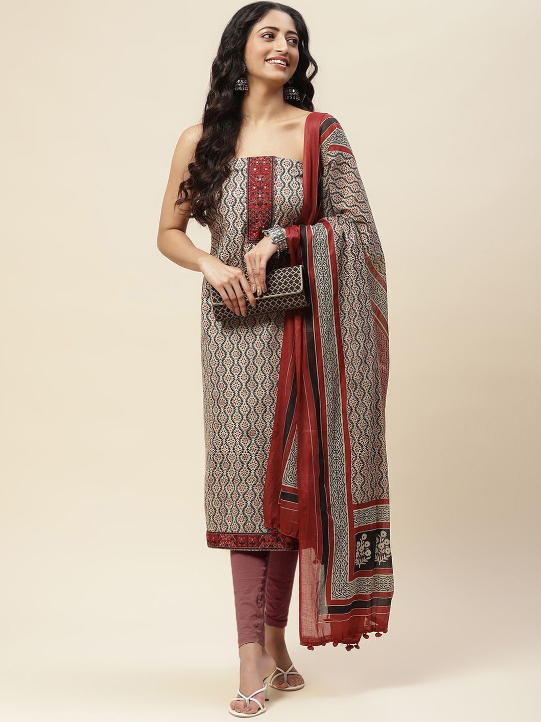 

Meena Bazaar Printed Unstitched Dress Material, Maroon