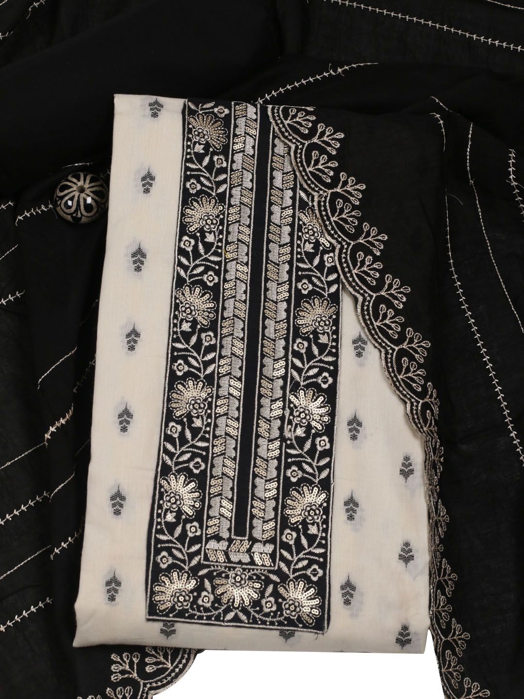 

Meena Bazaar Floral Embroidered Sequinned Unstitched Dress Material, Cream
