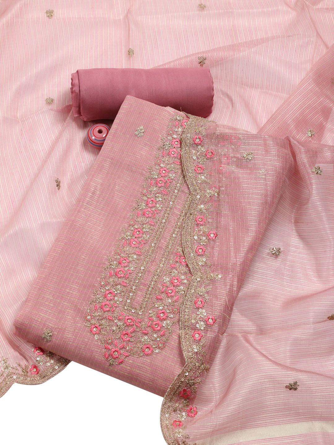 

Meena Bazaar Floral Woven Design Sequinned Chanderi Unstitched Dress Material, Pink