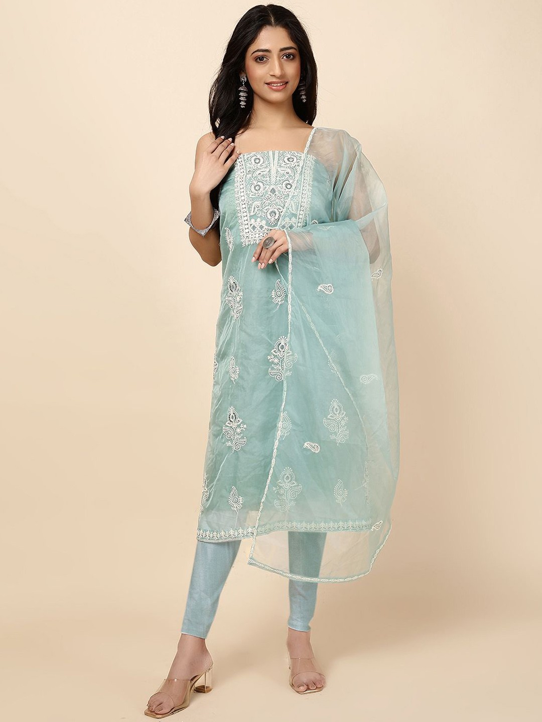 

Meena Bazaar Floral Embroidered Mirror Work Organza Unstitched Dress Material, Sea green