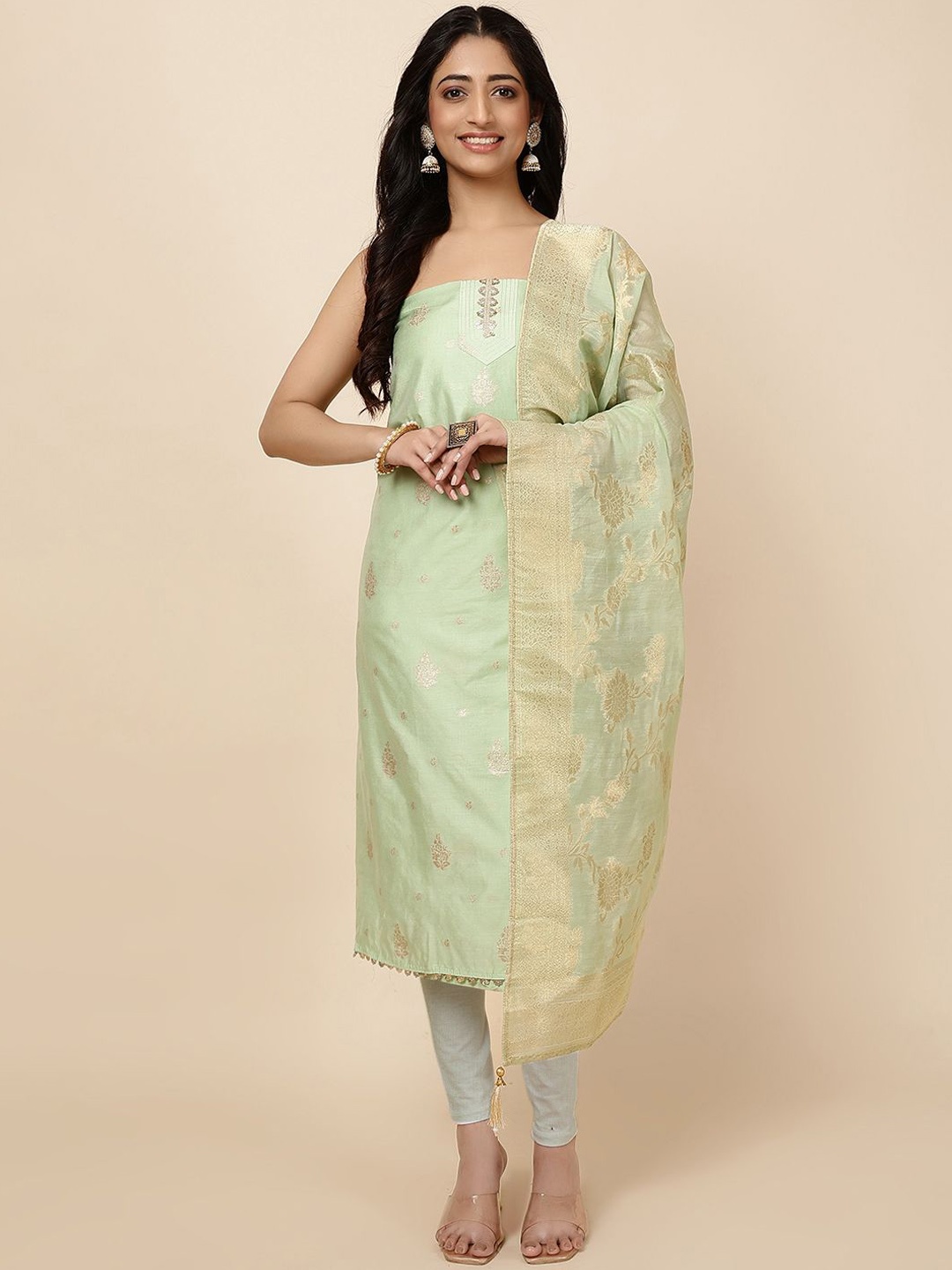 

Meena Bazaar Floral Woven Design Zari Chanderi Unstitched Dress Material, Green