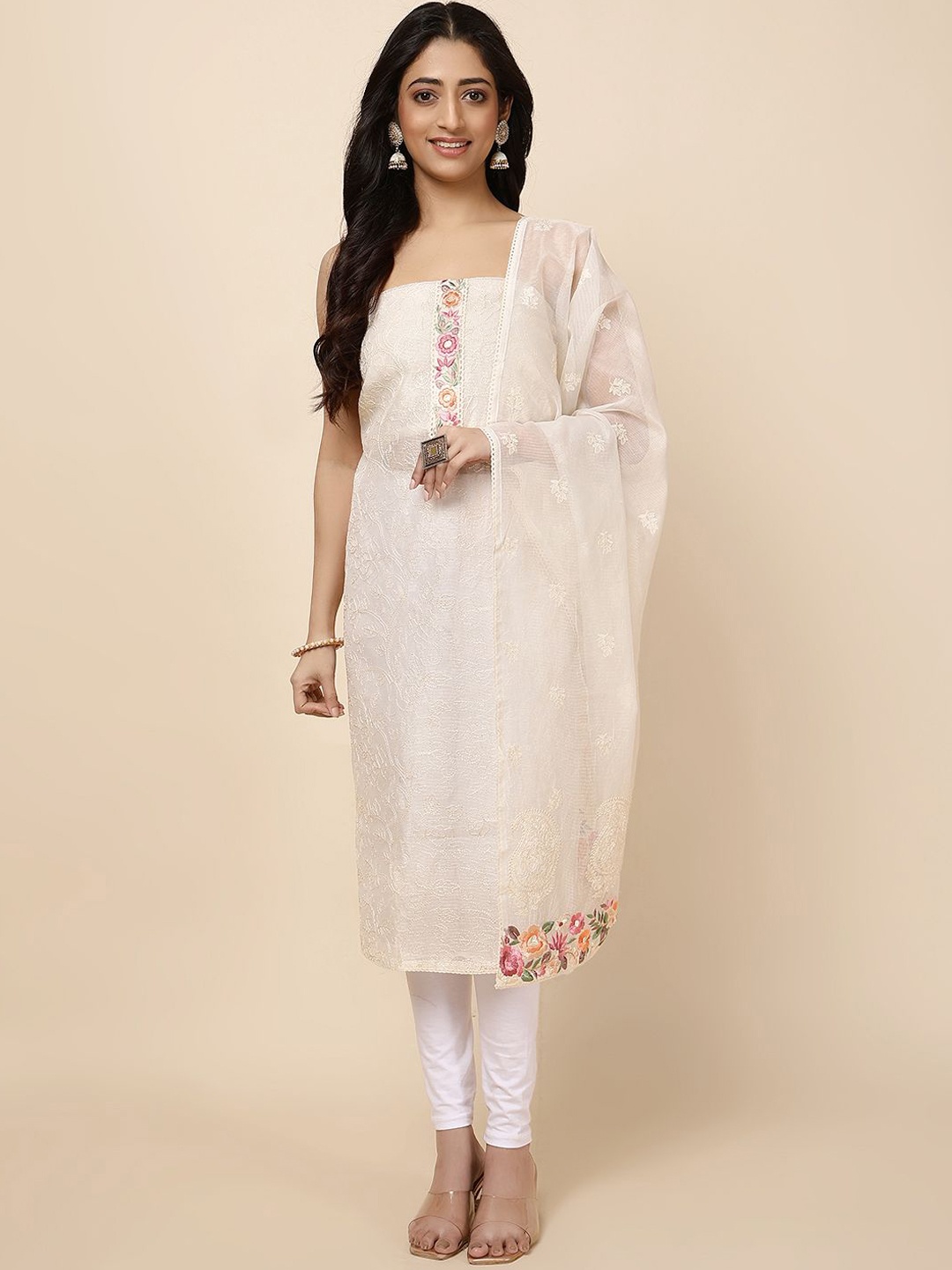 

Meena Bazaar Floral Embroidered Unstitched Dress Material, Cream