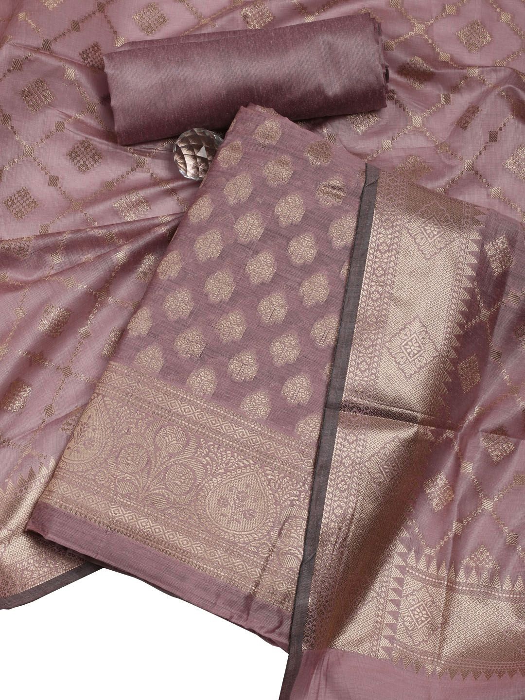 

Meena Bazaar Floral Woven Design Zari Chanderi Unstitched Dress Material, Mauve