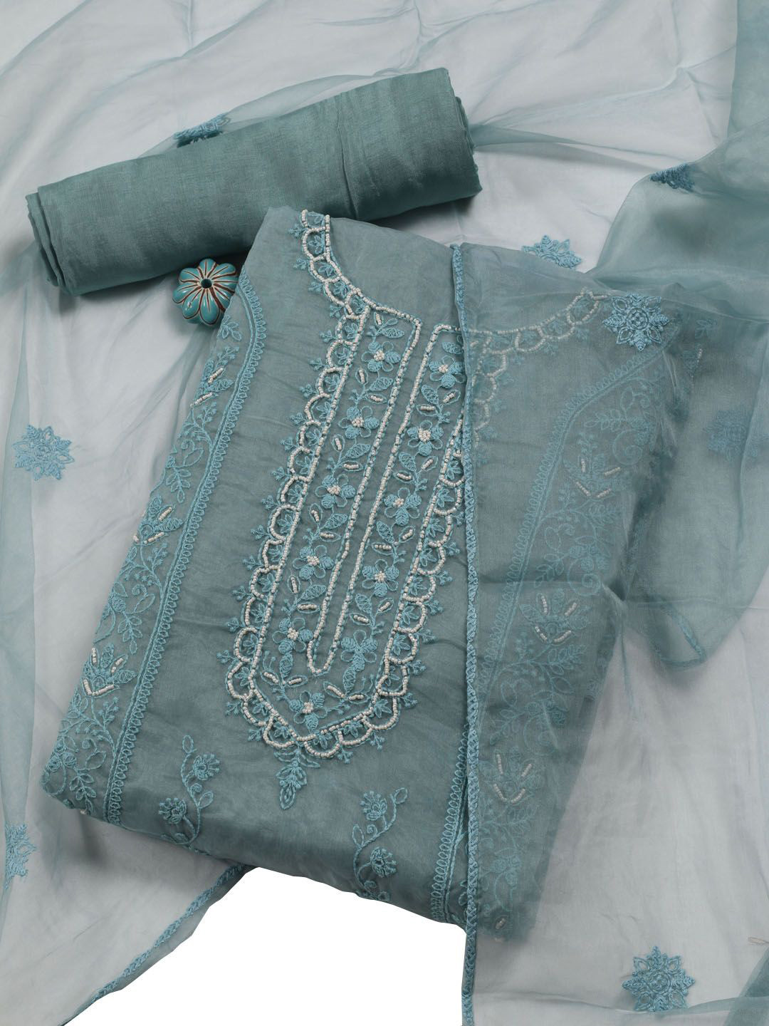 

Meena Bazaar Floral Embroidered Beads Organza Unstitched Dress Material, Sea green
