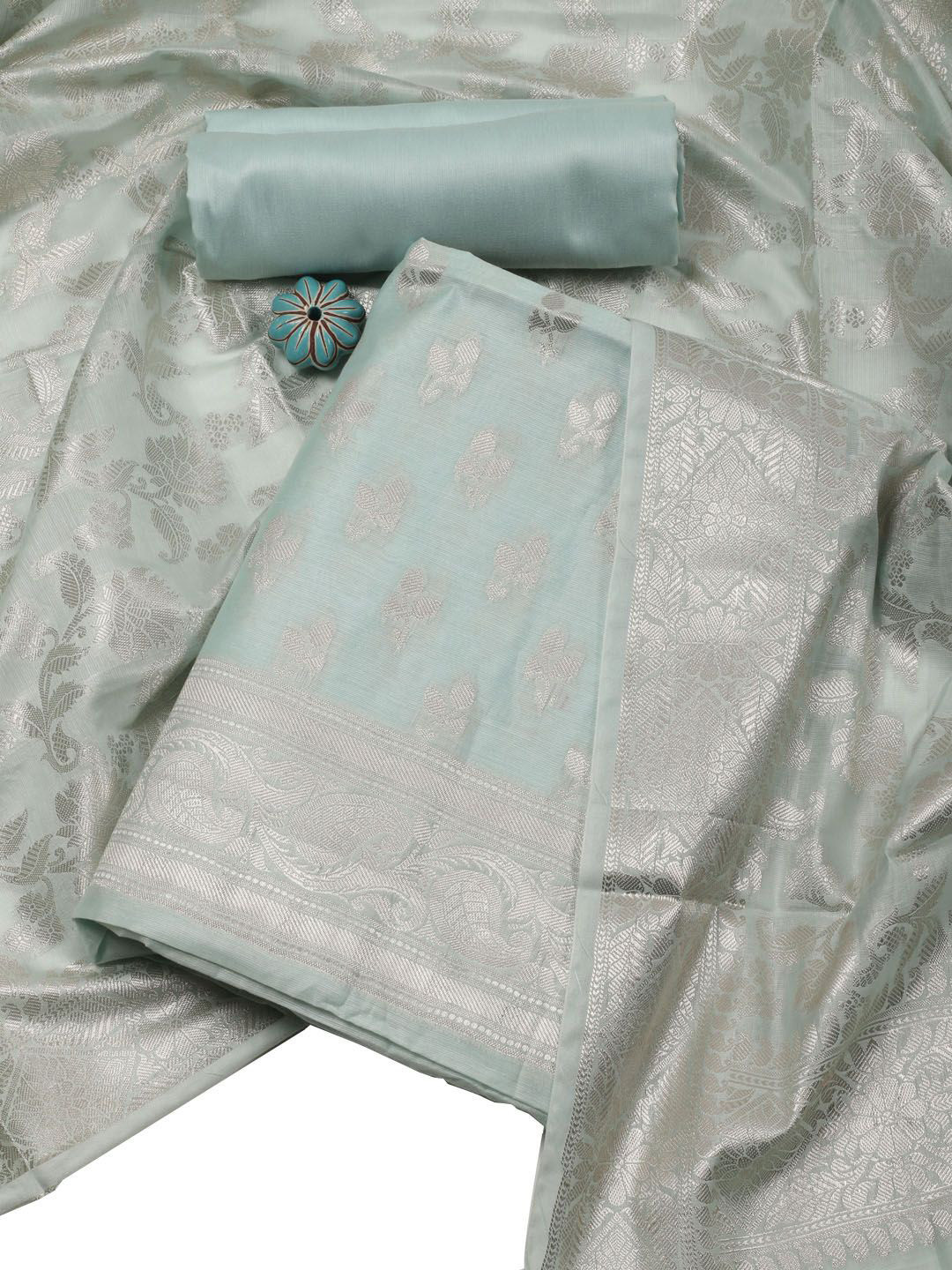 

Meena Bazaar Floral Woven Design Zari Chanderi Unstitched Dress Material, Sea green