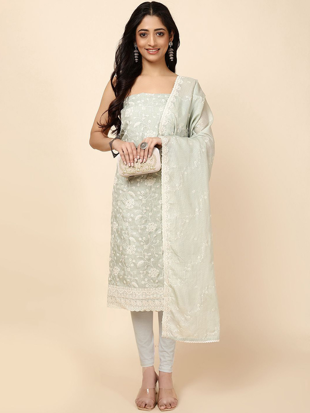 

Meena Bazaar Floral Embroidered Unstitched Dress Material, Green