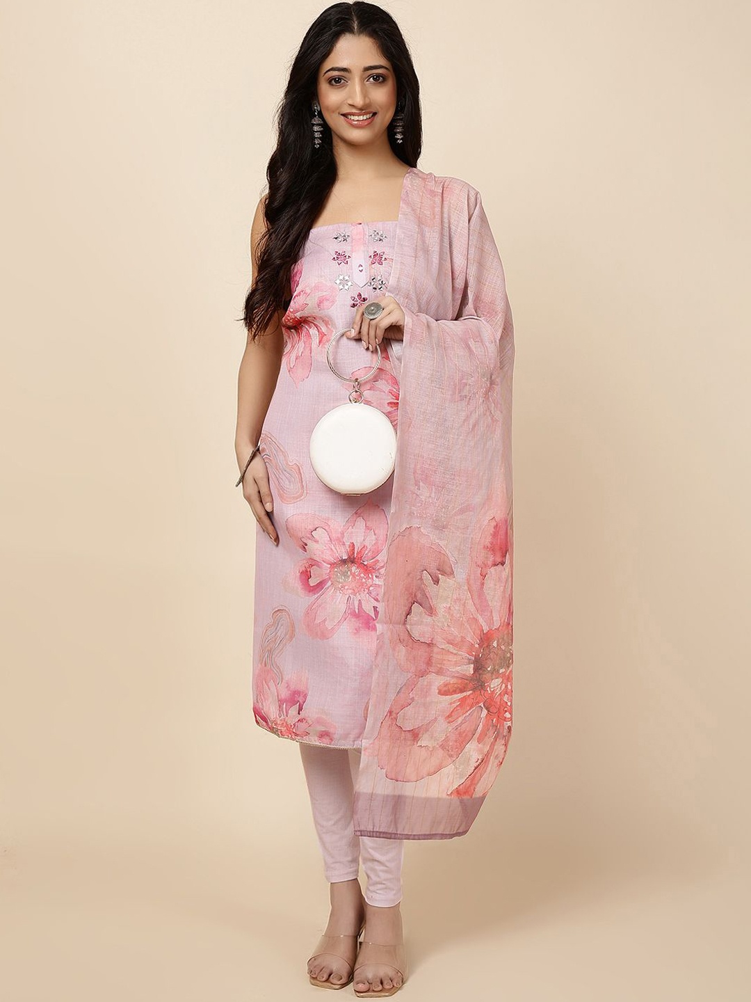 

Meena Bazaar Floral Printed Linen Unstitched Dress Material, Pink