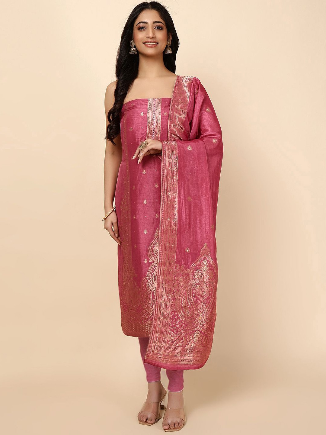 

Meena Bazaar Art Silk Unstitched Dress Material, Pink