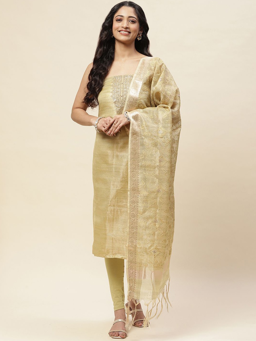 

Meena Bazaar Embroidered Art Silk Unstitched Dress Material, Green