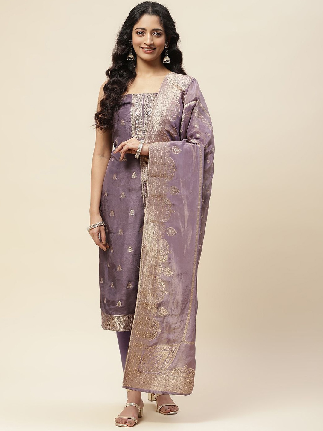 

Meena Bazaar Floral Woven Design Art Silk Unstitched Dress Material, Purple