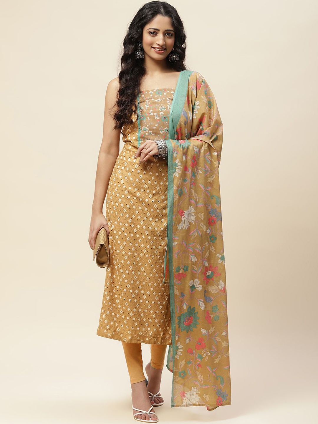 

Meena Bazaar Floral Printed Unstitched Dress Material, Beige