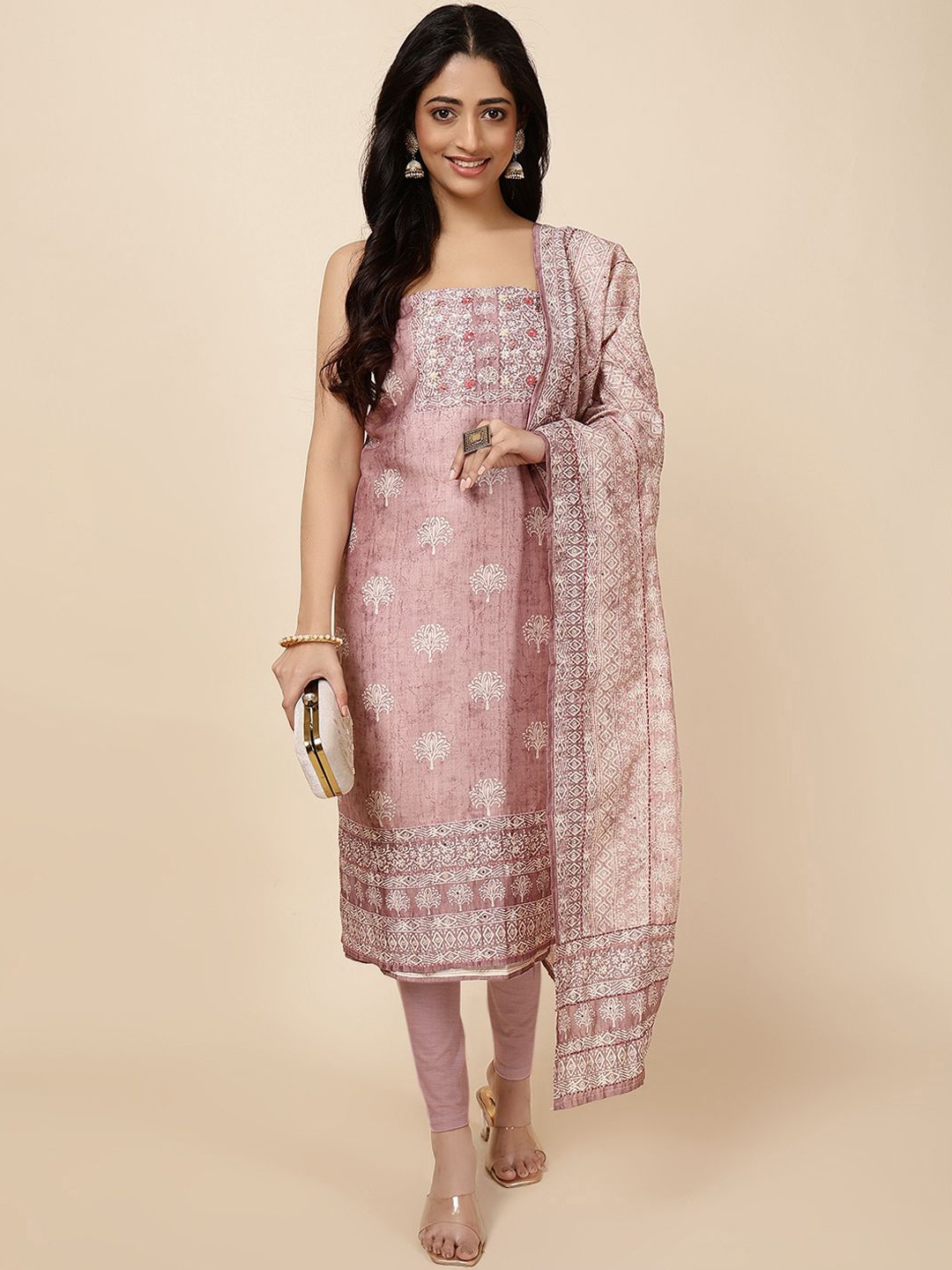 

Meena Bazaar Floral Printed Art Silk Unstitched Dress Material, Pink